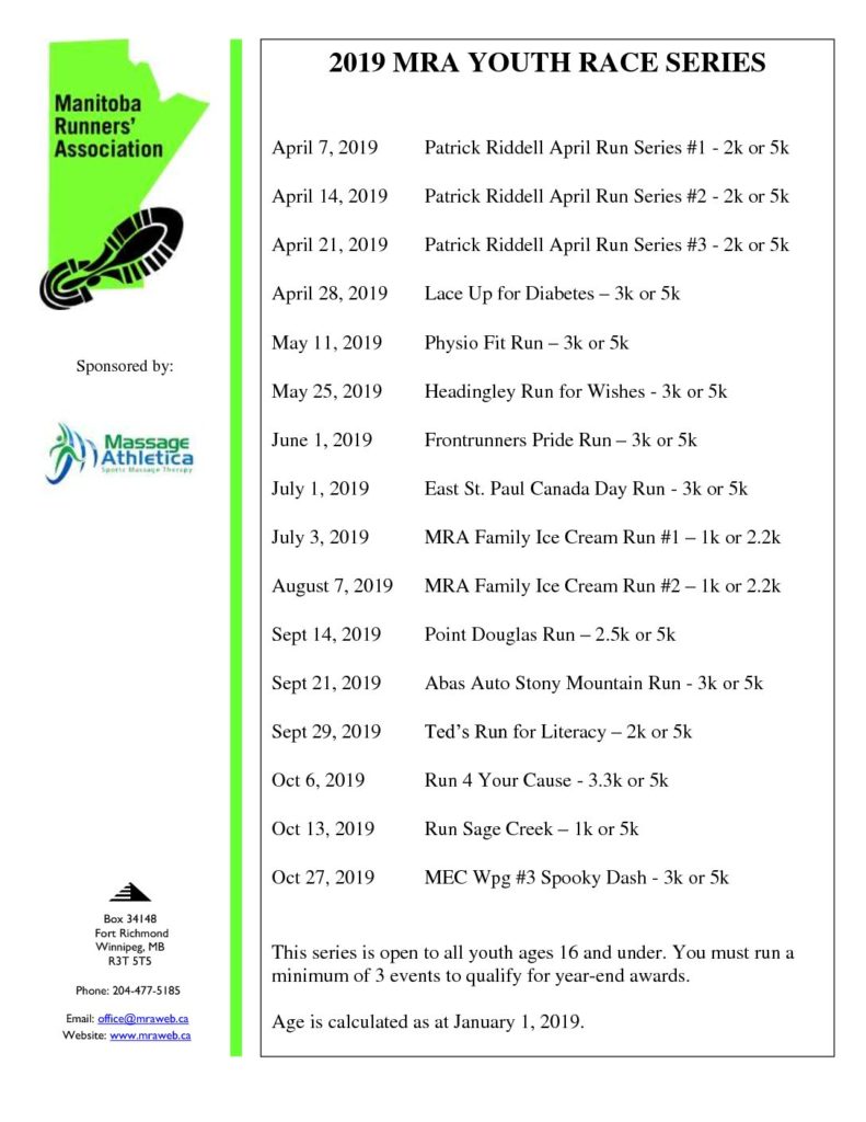 2019 MRA Youth Race Series Calendar Manitoba Runners' Association